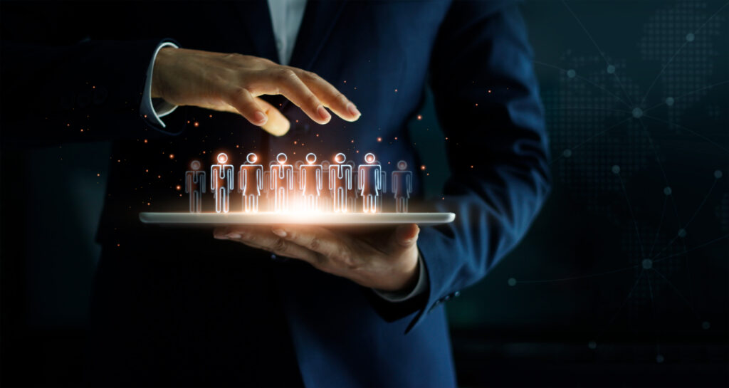 businessman holding tablet and management group of people in hi